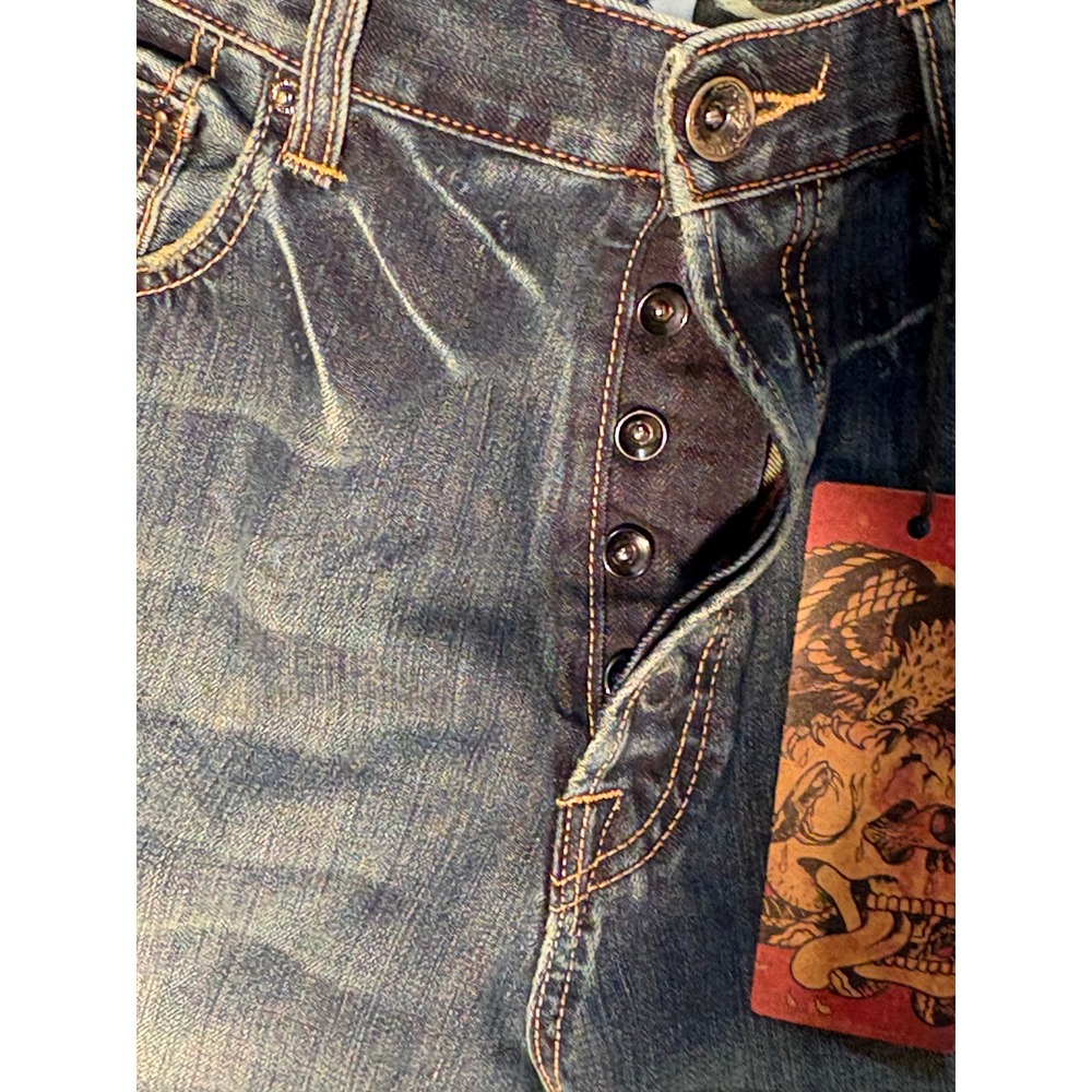Ed Hardy Mens Distressed Straight Leg Jeans Tattoo Embroidery Dark Wash 36x34 - Picture 7 of 12